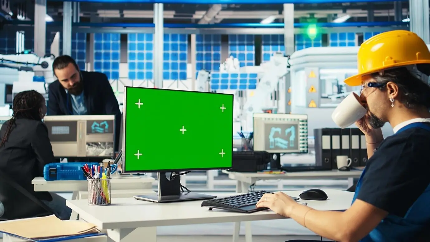 Ein Ingenieur in einer Solarmodulfabrik nutzt CAD-Software auf einem Mockup-PC, um das Layout zu optimieren.