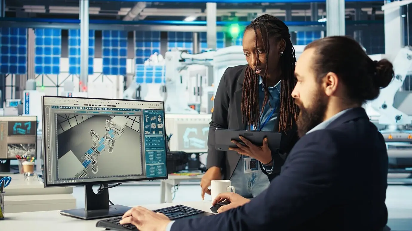 Eine Führungskraft in einer Photovoltaikfabrik schickt einen Mitarbeiter zur Reparatur defekter Systeme.