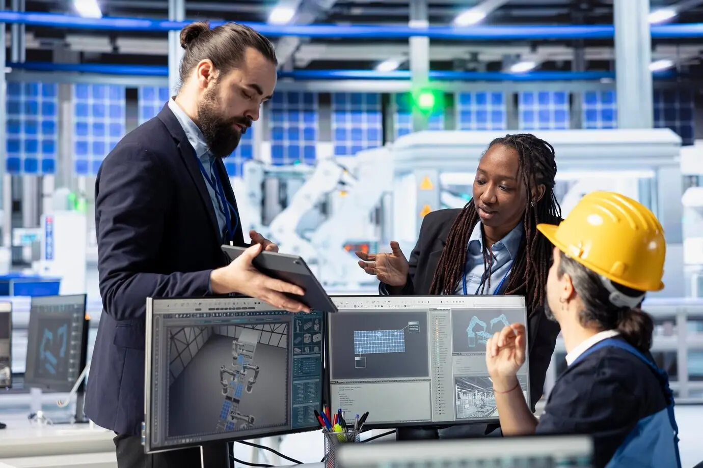 Werksleiter einer Solarmodulfabrik zeigt Mitarbeitern auf einem Tablet den Energieverbrauch der Fabrik.