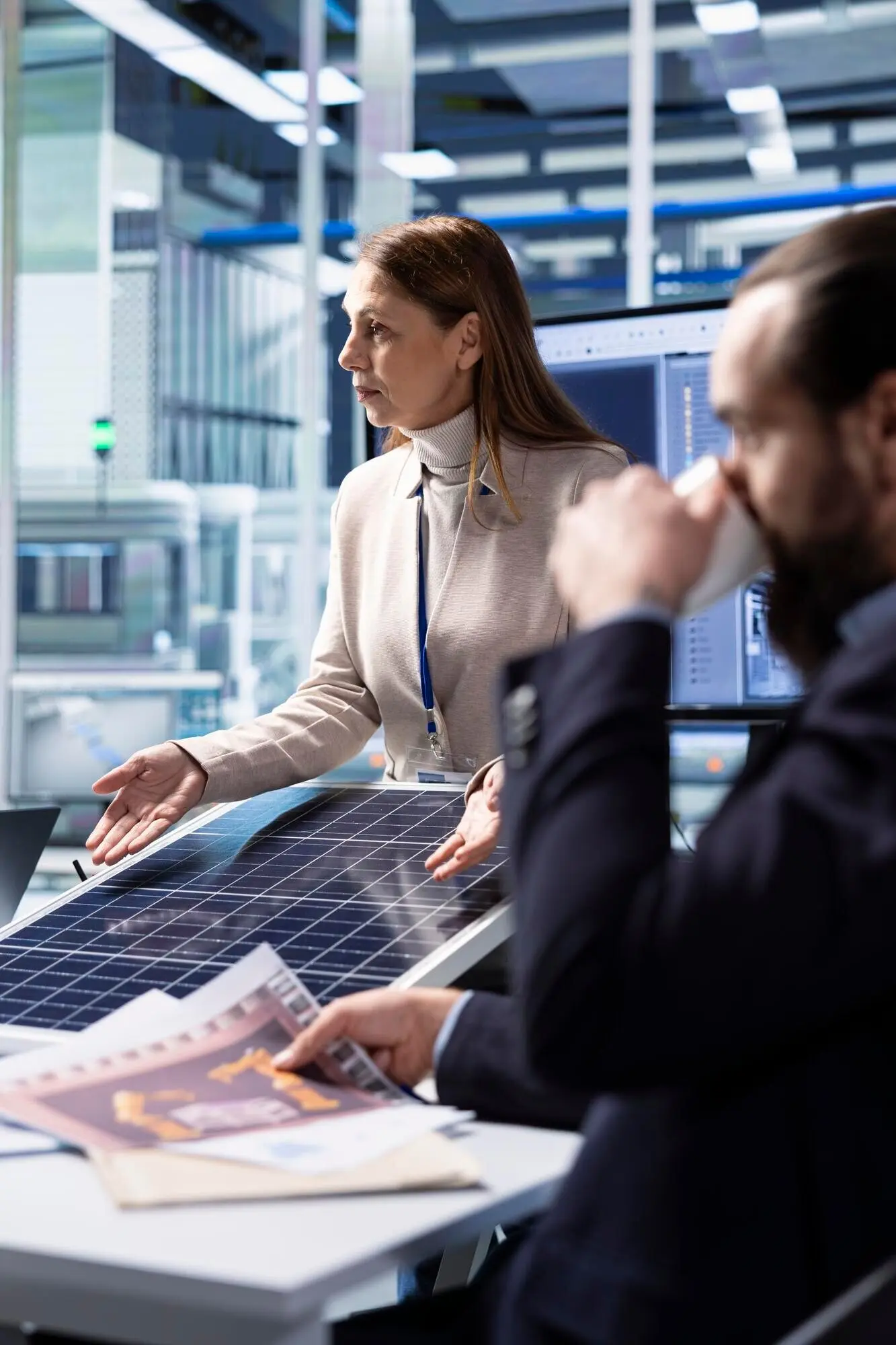 Manager der industriellen Produktion in einer Photovoltaikfabrik begutachten Schemata.