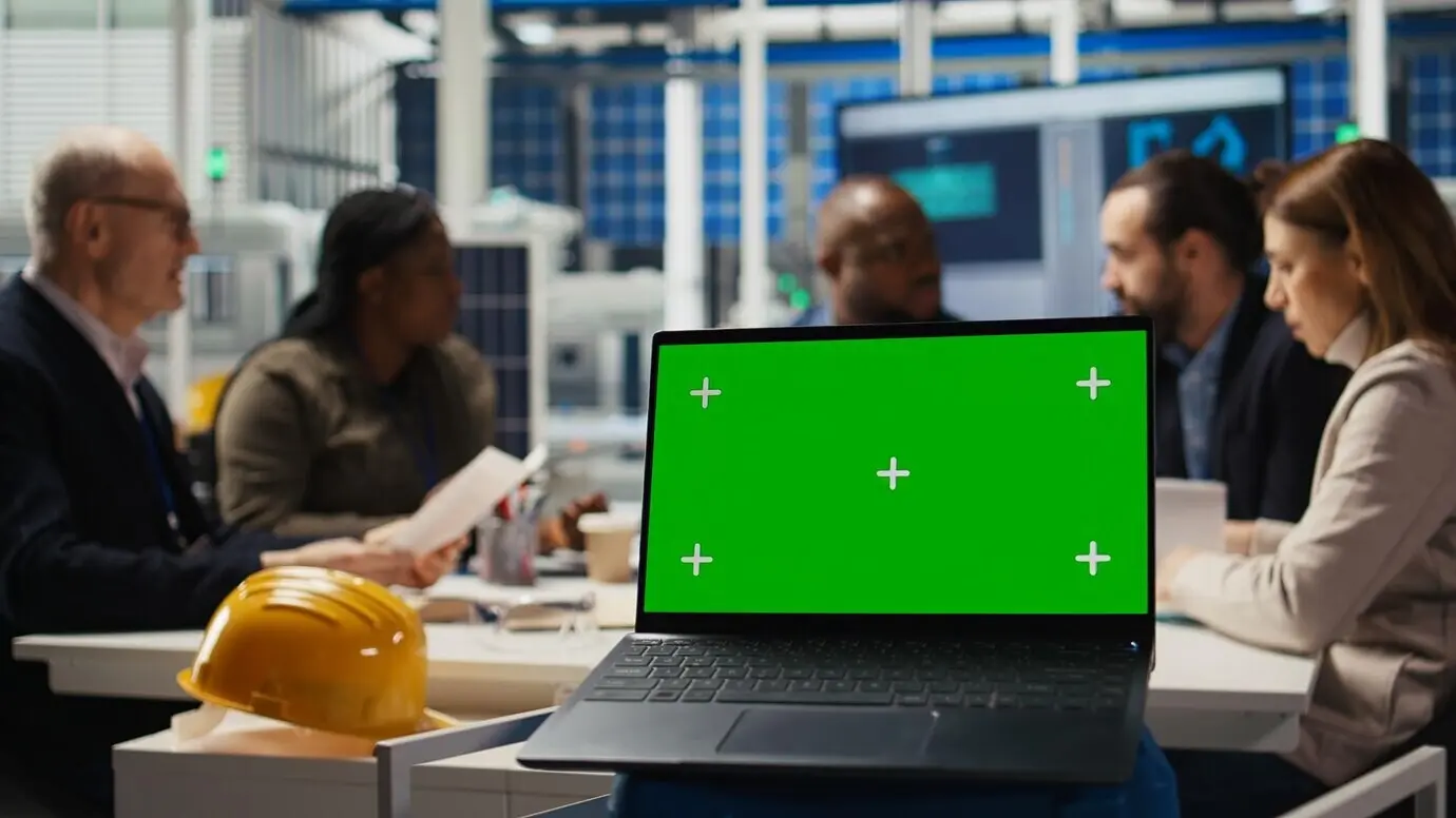 Investoren in einer Photovoltaikanlage werten Markttrends auf einem Laptop mit grünem Bildschirm aus.