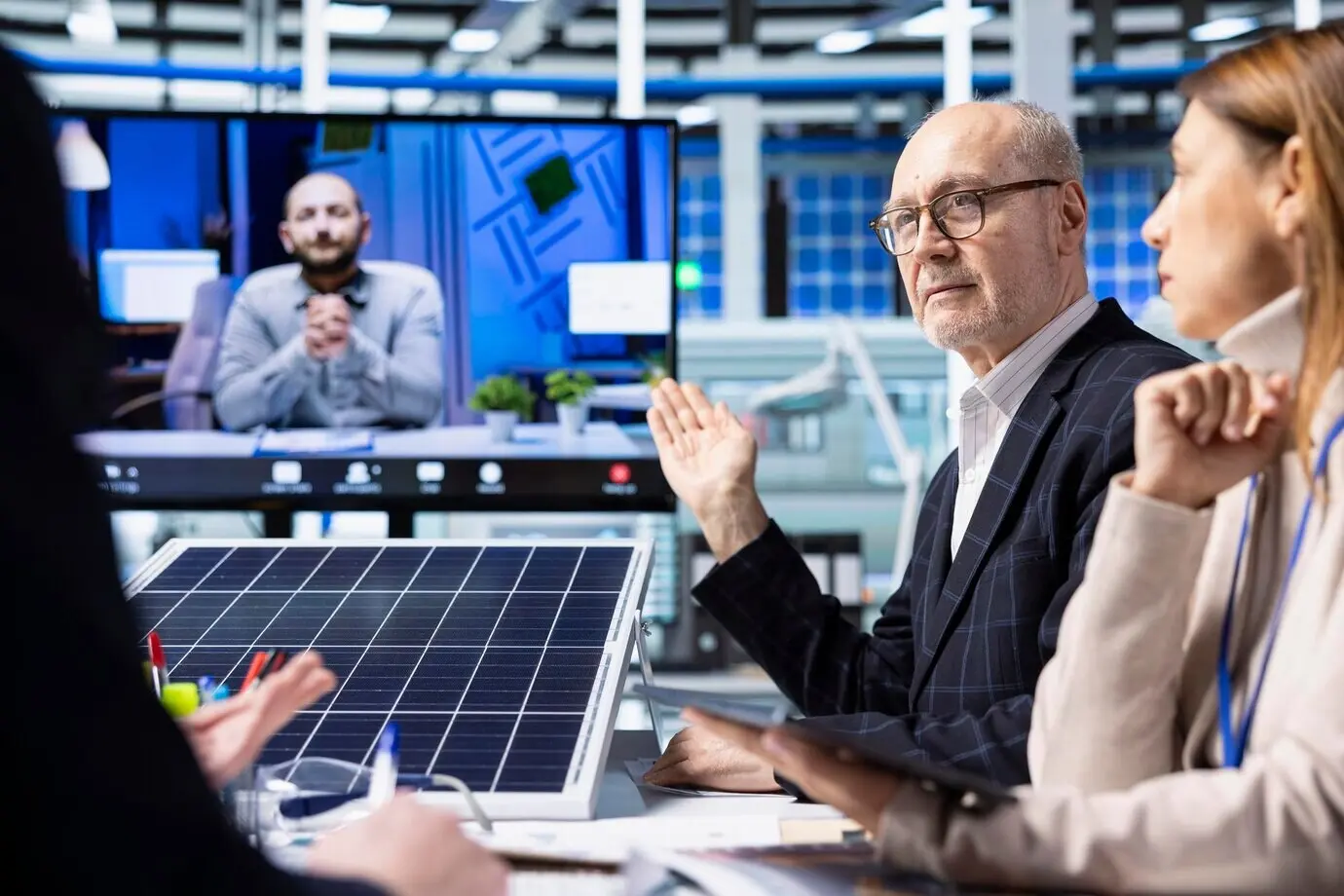 Fabrikmanager sprechen in einem Internet-Videoanruf über neue Photovoltaikmaterialien.